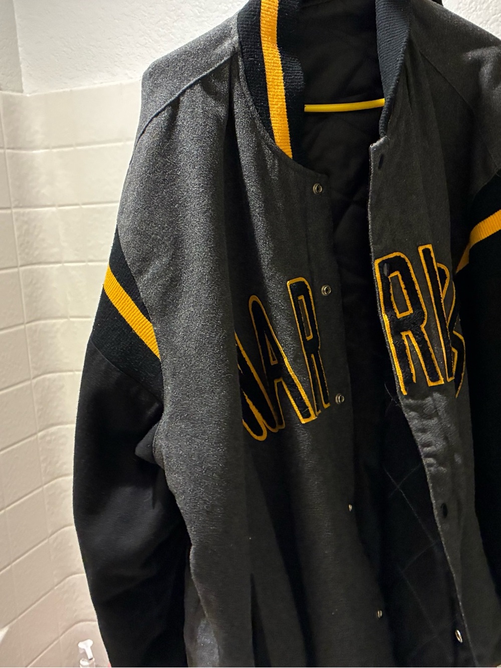 Men's Black & Gray Varsity Bomber Jacket with Yellow Accents